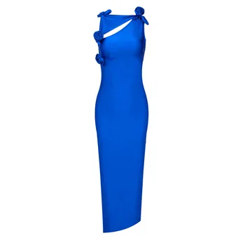 2023 Новое Синее Плиссированное Женское Длинное платье без рукавов с бантом и цветочным запахом, Эластичное Облегающее Женское платье с разрезом по низу