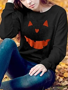 Женская свободная толстовка с изображением лица призрака на Хэллоуин, пуловер с круглым вырезом и длинными рукавами, осенне-зимний повседневный топ