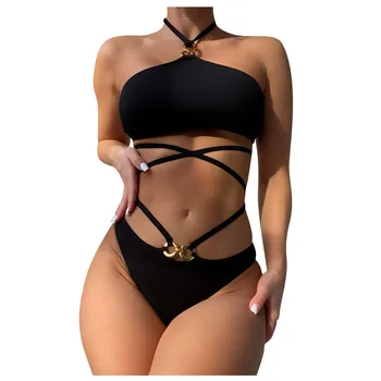 Women's Fashion Gold 8-ring Attached To Waist Sexy Bikini Two-Pieces Swimsuit купальники женские Traje baño mujer 수영복 여자 2023