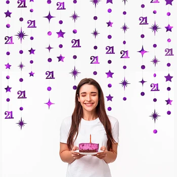 Фиолетовый Переливающийся Баннер из розового золота с 21-м Днем Рождения, украшения, Бумажная гирлянда с мерцающими звездами, Подвесные растяжки на 21 Годовщину