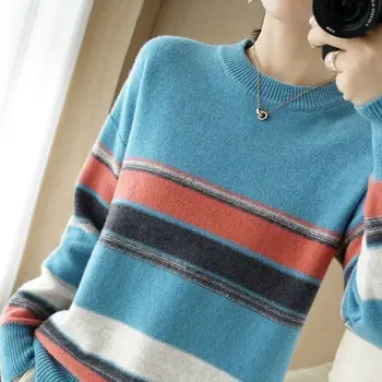 Винтажный полосатый свитер с принтом, женский свободный вязаный пуловер, повседневная резьба, модный топ с длинным рукавом, сшитая уличная одежда T695