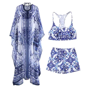 Дизайнер Chaney, новый комплект из трех предметов, миди-платье с бело-голубым рисунком, свободный плащ + короткая майка + шорты, брюки в винтажном стиле