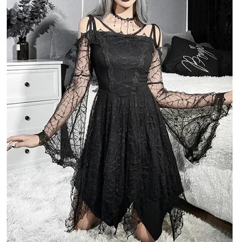 Готическое платье в темном готическом стиле Кружевная юбка-паутинка, обтягивающая подол, платье для похудения с высокой талией, женское платье-готика