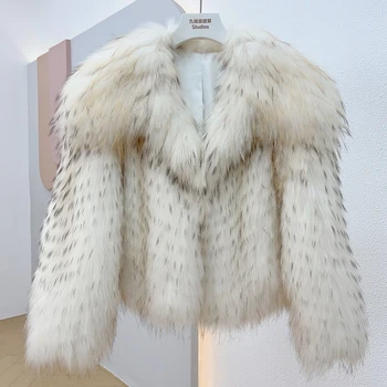 Куртка из натурального меха енота с отложным воротником, женская осенняя короткая укороченная меховая куртка, женская уличная одежда