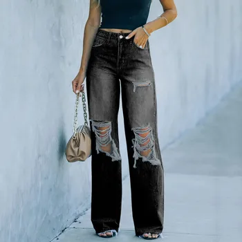 Женские Выстиранные брюки-карго с высокой талией и карманом, джинсовые брюки с эластичными отверстиями, Узкие джинсовые брюки Y2k Harajuku Streetwear 2023 청바지