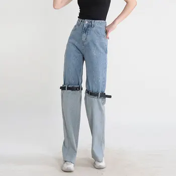2023 новая мода цветовой контраст чувство дизайна тонкий дизайн пояса сращивания колен прямые ноги высокая талия цветные контрастные джинсы и брюки