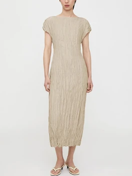 Женское облегающее платье в складку с вырезом лодочкой, новинка лета 2023, женский длинный халат из 100% шелка, однотонный халат с короткими рукавами, длинный халат из 100% шелка.