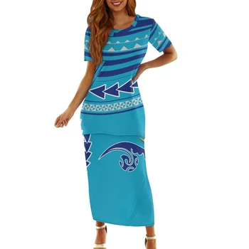 Татуировка с тотемом полинезийского племени Фиджийцев, принты Фиджи, элегантное длинное платье с коротким рукавом для коктейльной вечеринки, сине-белый принт, комплект из двух предметов