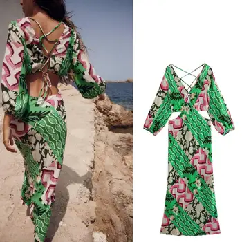 2023 Летнее женское льняное платье Миди с V-образным вырезом и длинными рукавами, приталенное, зеленое, в цветочек, пляжное, уличное, элегантное женское праздничное платье