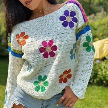 2023 Осенний женский свитер с цветочной вышивкой, пуловер с длинными рукавами, свободные модные повседневные свитера-топы