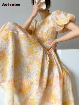 Женское платье с принтом 2023, новая мода Fairycore, элегантное платье Миди с пышными рукавами, винтажное платье Y2k с короткими рукавами