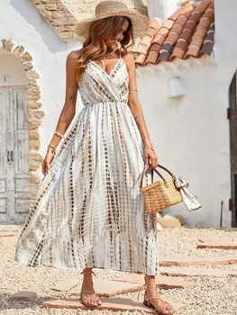 Богемное белое платье-туника с глубоким V-образным вырезом, летнее женское платье-макси трапециевидной формы с высокой талией, A2638
