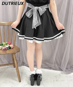 Японский Однобортный Кружевной ремень с бантом, Черные короткие юбки, Женская Мини-юбка Sweet Kawaii Mine Для девочек, Летняя Новая Студенческая юбка на ремешке