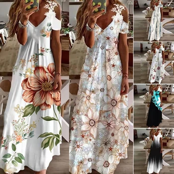 Женские платья 2023 Летнее богемное пляжное платье с принтом, Свободное платье с V-образным вырезом и цветочным принтом, длинные платья с открытыми плечами, сексуальные