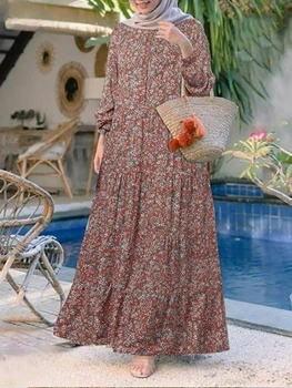 Модное мусульманское платье с цветочным принтом, женский повседневный свободный сарафан Абайя с рюшами, халат-кафтан, женское винтажное макси-платье