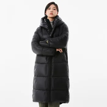 Зимняя женская Черная Длинная парка, Пуховая хлопковая куртка-пуховик с капюшоном и длинным рукавом, плотная теплая уличная одежда, зимний костюм, Корейское повседневное пальто
