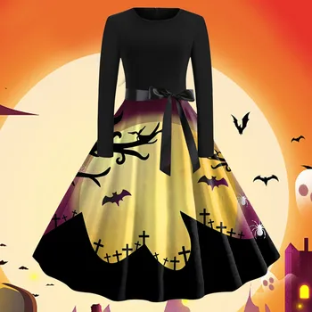 Женское платье с рисунком летучей мыши на Хэллоуин, круглый вырез, длинный рукав, приятная для кожи тонкая женская одежда для женщин, Vestidos
