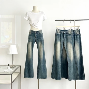 Женские расклешенные брюки из синего денима, окрашенного в синий цвет, повседневные джинсовые брюки в уличном ретро-стиле, женские прямые узкие джинсы с низкой талией