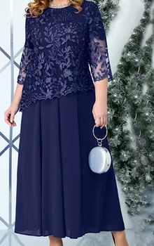 2023 синий элегантные платья вечеринка 5XL лето 3/4 рукав o-образным вырезом кружева лоскутное шифон вышивка-line Midi платье