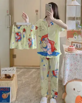 Женская пижама из мультфильма Диснея 2023, новая пижама-кардиган для женщин, домашняя одежда из трех предметов, летняя пижама для женщин на ночь.