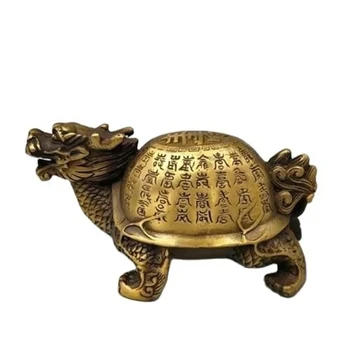 Китайская Старинная Латунная Позолоченная Надпись Статуи Дракона и черепахи