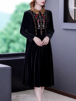 Женское черное бархатное платье Миди с цветочной вышивкой 2023 Новое модное кружевное платье Поло с воротником Осень зима Корейское винтажное вечернее платье