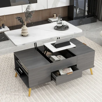 Современный журнальный столик с подъемной столешницей, многофункциональный столик с выдвижными ящиками серого и белого цветов