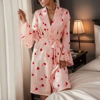 Женская ночная рубашка с принтом Ice Silk Love, пижама, кардиган, домашняя пижама для купания, халаты, женская пижама для сна, одежда