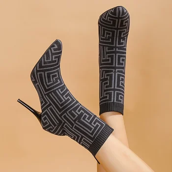 Женские эластичные сапоги с геометрическим рисунком, модные трикотажные слипоны с острым носком на высоком каблуке до щиколотки, сексуальные сапоги на шпильке