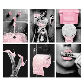 Розовый женский модный плакат, 6 предметов, Спальня Без рамы, Розовый блестящий настенный холст, плакат, Декор, Настенные картины для женской комнаты, ванной комнаты