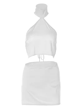 Женская летняя одежда, бандажные топы с открытой спиной, без рукавов, с коротким вырезом и эластичная мини-юбка с разрезом, комплект клубной одежды
