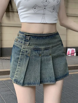 Уличная джинсовая мини-юбка HOUZHOU, женские тонкие Винтажные плиссированные юбки с высокой талией, Y2k, летняя повседневная Корейская мода для Хай-Стрит.