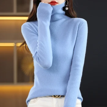 Женский шерстяной свитер, осень-зима, Модный ворсовый воротник, Универсальный тонкий пуловер, кашемировый свитер, повседневный вязаный топ с длинными рукавами