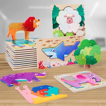 Трехмерный деревянный пазл с мультяшными животными, обучающие игрушки Монтессори, обучающее здание, пазл, подарок на день рождения