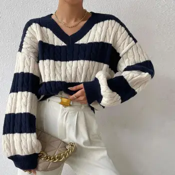 Женский вязаный топ в стиле колледжа 2023, новый контрастный пуловер в стиле пэчворк, V-образный вырез, фонарь, полосатый свитер с длинными рукавами и плечами