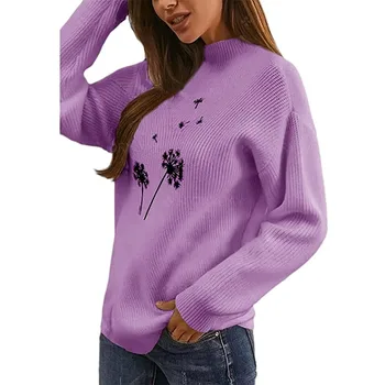 Осенне-зимний женский пуловер с круглым вырезом, модный тренд, Новый вязаный свитер с вышивкой в виде одуванчика