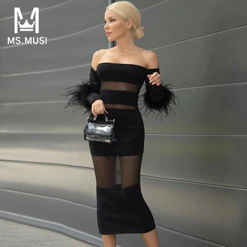 MSMUSI 2023, Новое Модное Сексуальное платье с открытыми плечами, Кружевная сетка с перьями, Открытая повязка с длинным рукавом, Вечернее Клубное облегающее платье Миди
