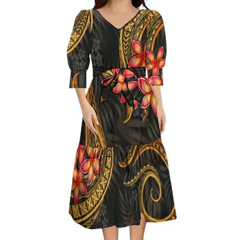 Вечернее платье из высококачественной ткани Puletasi, Полинезийское платье из высококачественной ткани, Летнее платье с коротким рукавом и низким вырезом, Элегантное