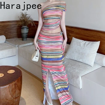 Harajpee Женский Корейский винтажный Этнический модный сексуальный жилет в цветную полоску со скошенным плечом, с высокой талией, с узким разрезом на бедрах, из 2 предметов в этническом стиле.