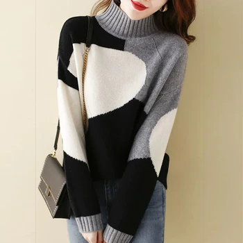 Новый свободный женский вязаный пуловер Осень Зима в стиле пэчворк с полувысоким воротником, повседневный теплый свитер, топ