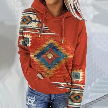 Осень 2023, повседневные женские пуловеры с геометрическим рисунком лошади, топы с завязками, толстовка с капюшоном в этническом стиле.
