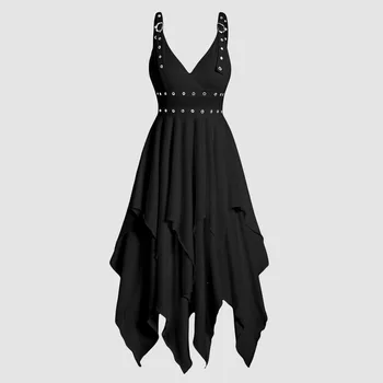Женское сексуальное платье на бретельках с заклепками в готическом стиле в стиле панк, с перекрещивающимися бретельками, Модное черное платье с нерегулярным подолом, без рукавов, с открытой спиной