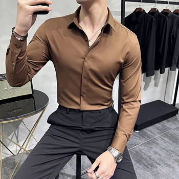 Высококачественная однотонная мужская рубашка, простые деловые рубашки Slim Fit с длинным рукавом, Мужская Социальная повседневная рубашка, плюс размер 4XL-M