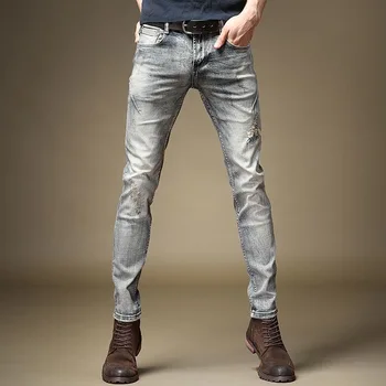 Весна и осень 2023, новый модный тренд, винтажные рваные эластичные маленькие ножки, мужские повседневные тонкие дышащие джинсы высокого качества 28-36