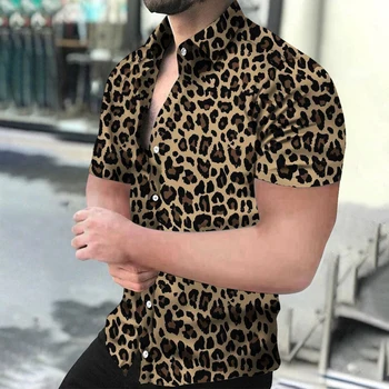 Мужская рубашка с леопардовым принтом, повседневная рубашка с короткими рукавами и пуговицами, ретро-сексуальная уличная одежда, лето 2023