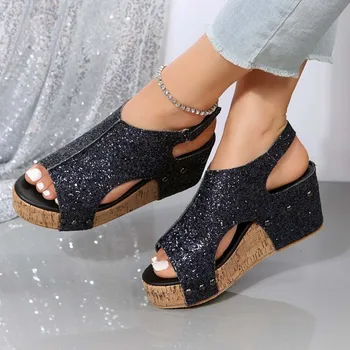 Стильные черные / синие / золотистые сандалии с открытым носком с блестками, износостойкая нескользящая обувь для пляжной вечеринки