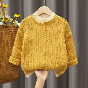Шерстяной свитер для мальчиков, вязаный крючком, хлопчатобумажное вязание 2023, желтая теплая утепленная зимняя осенняя ветрозащитная одежда для подростков, детская одежда