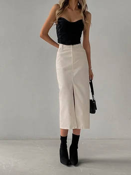 Французская джинсовая юбка с разрезом для пригородных поездок, однотонная прямая юбка с высокой талией, узкие бедра, 2023 Повседневные длинные юбки для женщин, летняя одежда