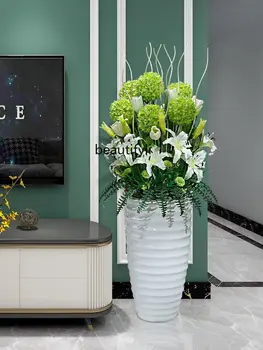Большая ваза для пола в гостиной, набор искусственных цветов, ваза из стекловолокна, цветочная композиция и искусственные цветочные украшения