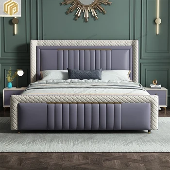 Светлая роскошная кожаная двуспальная кровать в главной спальне, простая современная роскошная кровать, многофункциональная кровать для хранения вещей